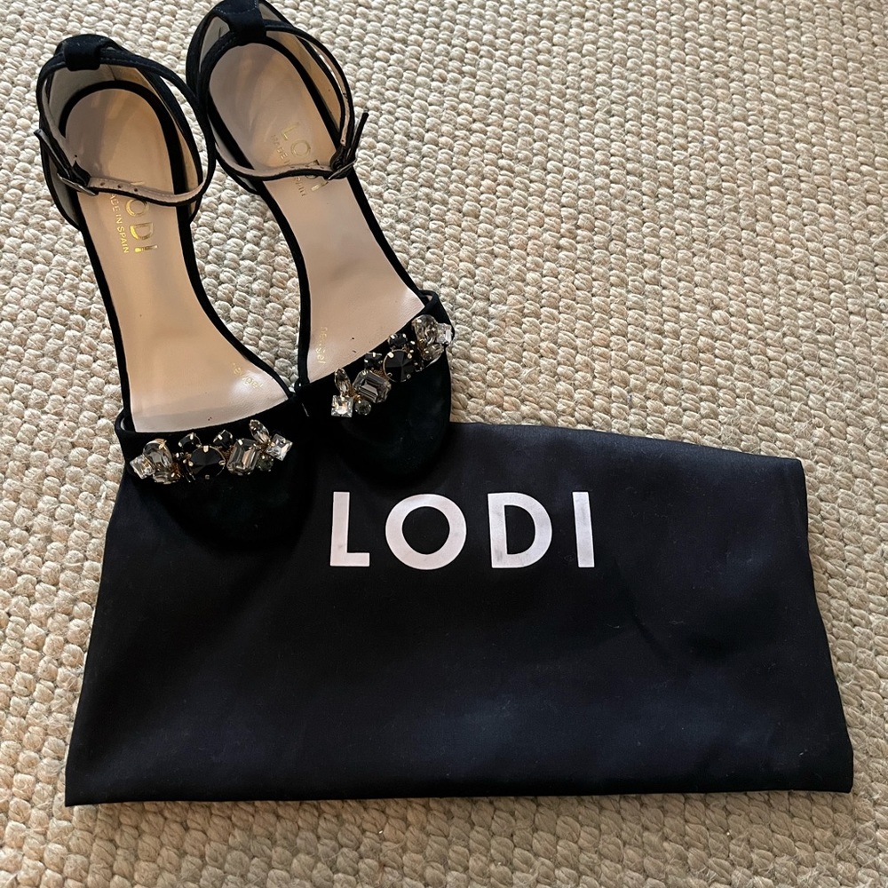 Lodi black suede heels with blue and clear rhinestones Size 37